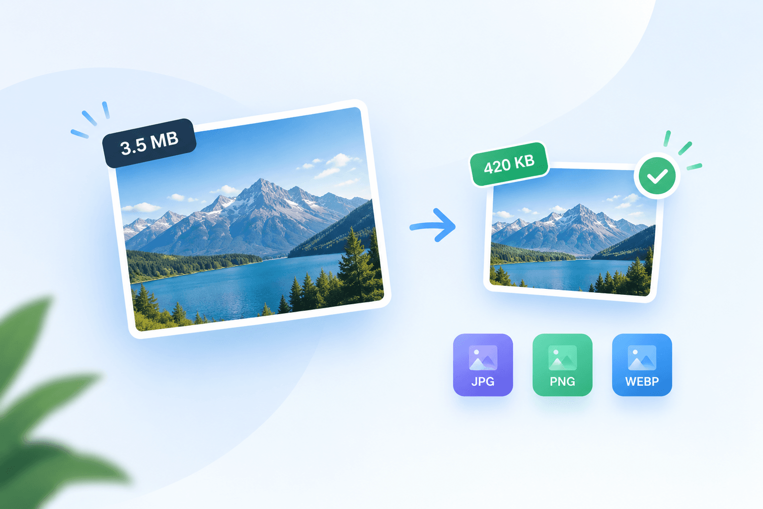 A 3.5 MB mountain photo reduced to a 420 KB copy that looks the same, with JPG, PNG and WEBP format badges