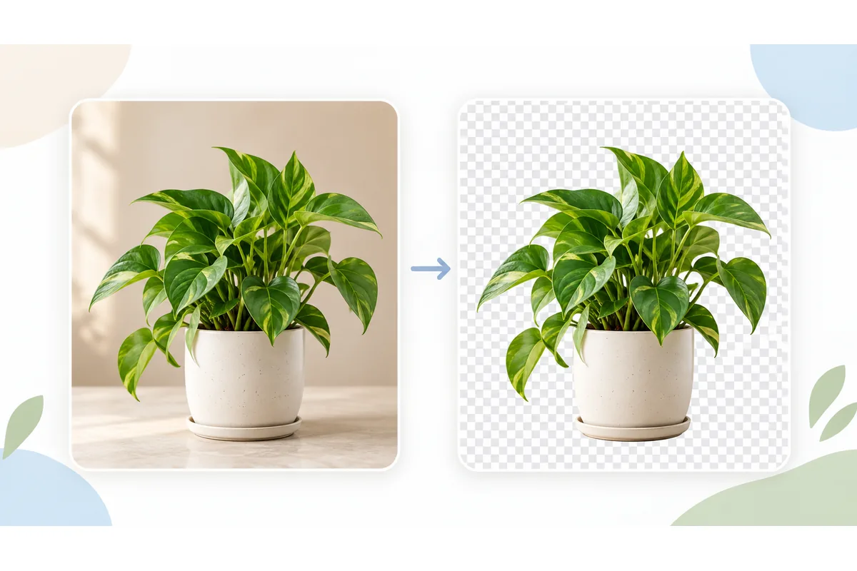 A potted plant against a beige wall and the same plant on a transparency checkerboard.